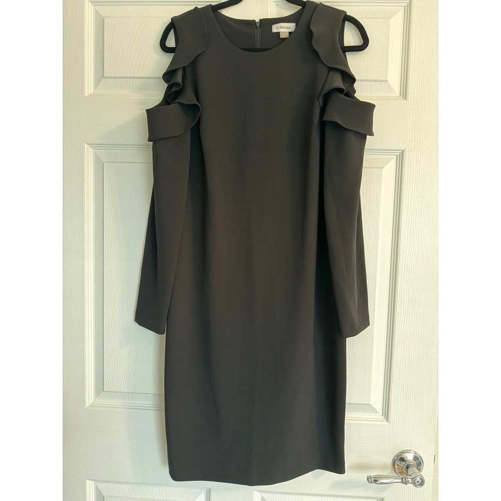 Calvin Klein Black Cold Shoulder Ruffle Sheath Dress Size 12 Long Sleeve Crepe